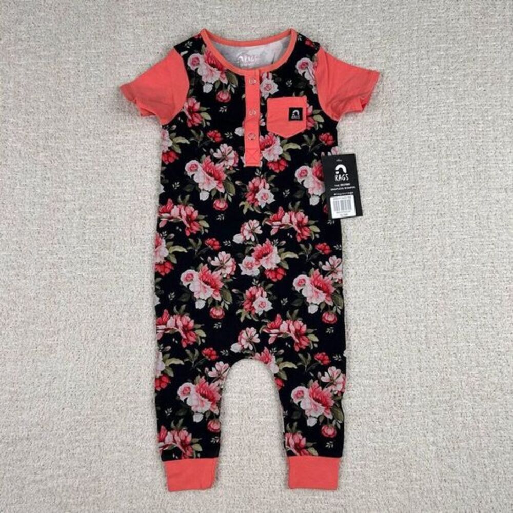 Rags to Raches Girls Romper 6-12M Black Pink Floral Snap Stretch Short Sleeve